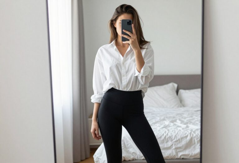 New mom in soft leggings and oversized button-up shirt taking a mirror selfie, showcasing a practical yet stylish casual outfit.
