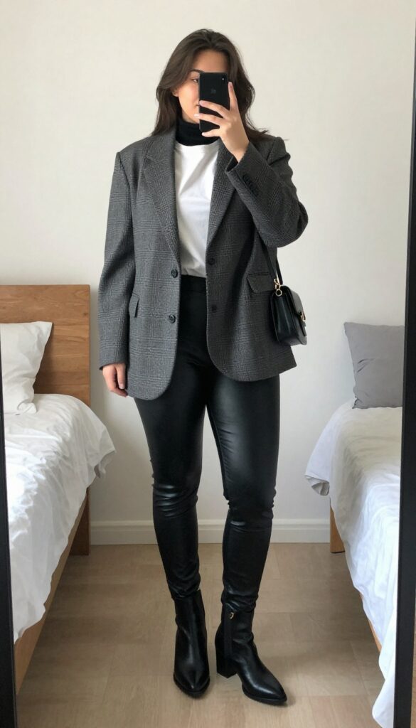 Woman in oversized check blazer and black leather leggings with ankle boots, taking a mirror selfie.