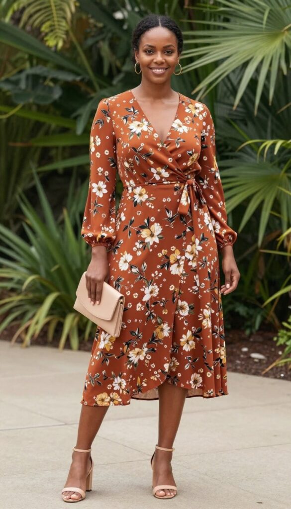 Dark-skinned woman in floral wrap midi dress with block heels for wedding guest outfit