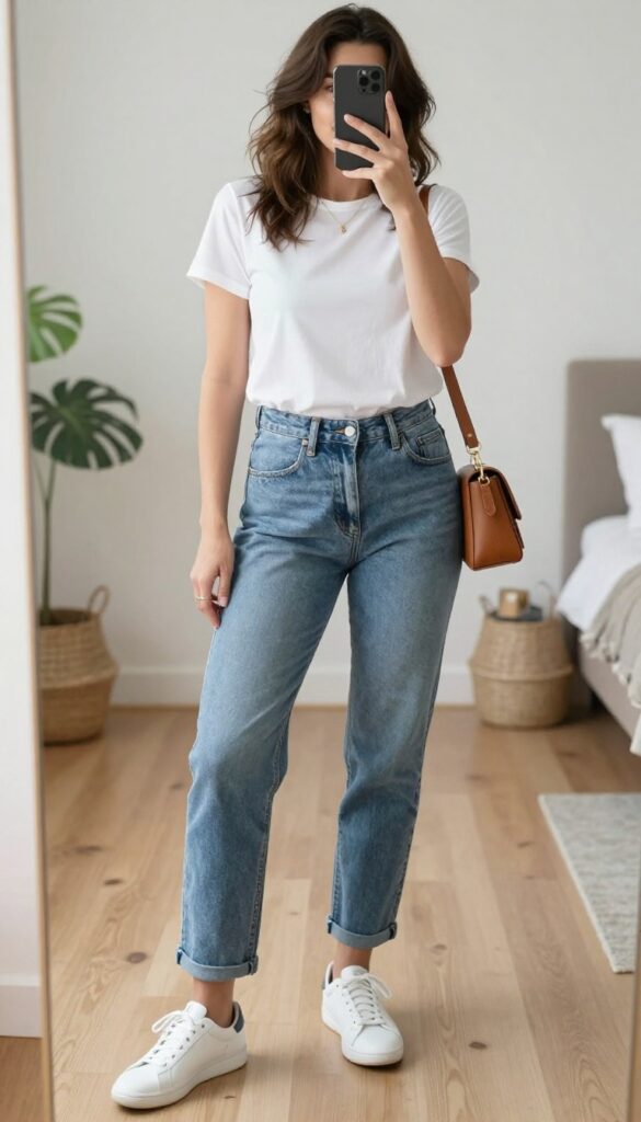 A woman takes a mirror selfie wearing a white tee and high-waisted straight-leg jeans with white sneakers and a tan crossbody bag, in a bright bedroom with natural light.