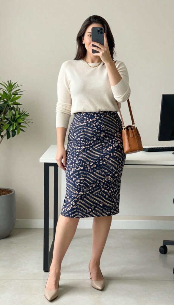 Woman in a printed A-line skirt and solid cream sweater, taking a mirror selfie in a bright office setting, showcasing a balanced business casual outfit.