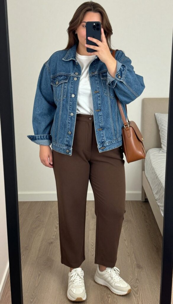 A woman in an oversized denim jacket over a white tee and brown pants, posing in a mirror selfie, phone partially covering her face.