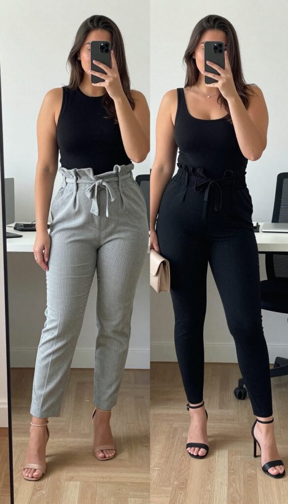A woman in grey paperbag pants and a black bodysuit with heeled sandals, posing in a mirror selfie in a bedroom, phone partially covering her face.