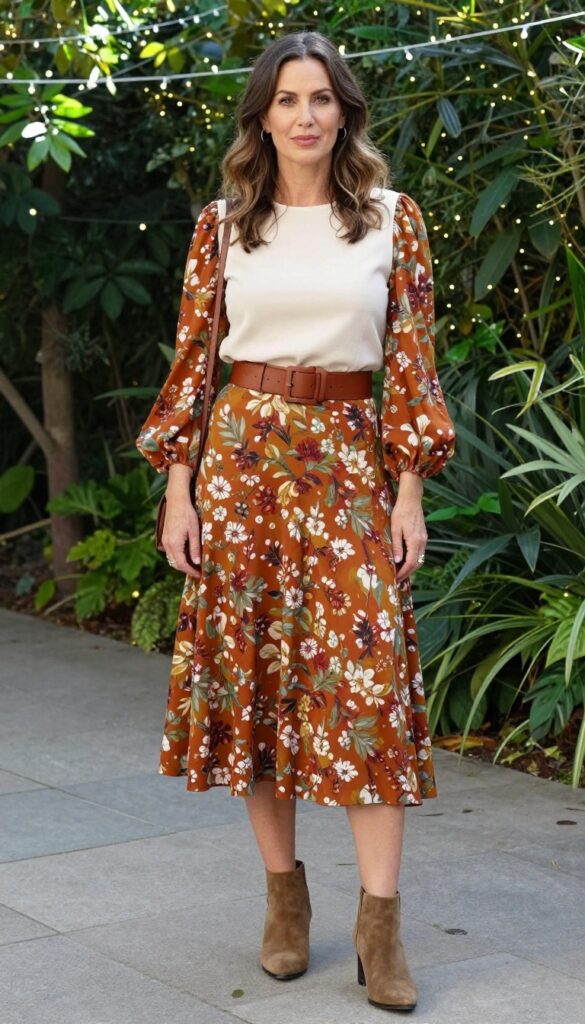 Woman in floral midi skirt and cream crop top with belt, suede ankle boots, at garden wedding