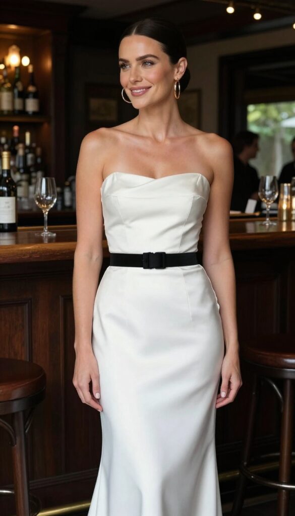 Woman in white wedding dress with black corset belt and gold hoop earrings in dimly lit bar