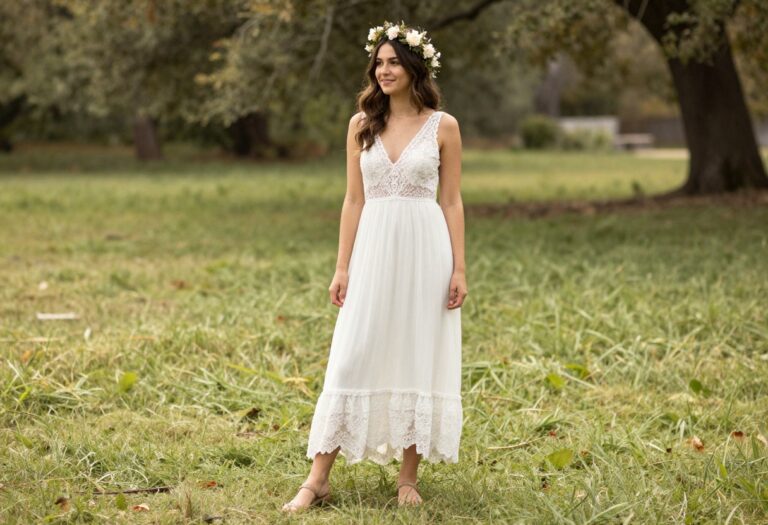 Boho bride in lace dress with flower crown standing in a meadow