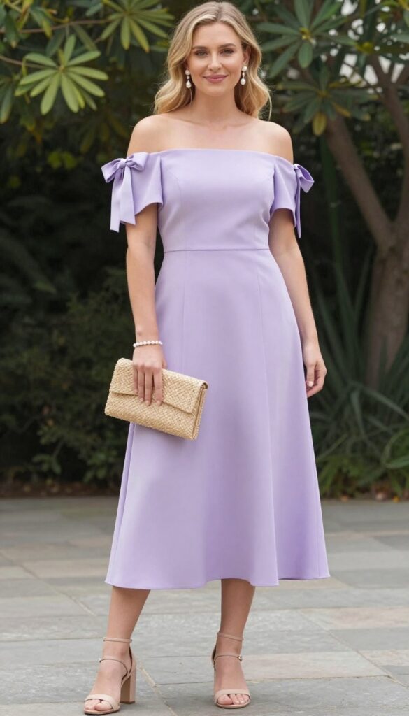 Woman in lavender off-shoulder midi dress with bow sleeves, pearl accessories, nude sandals, and woven clutch at garden wedding