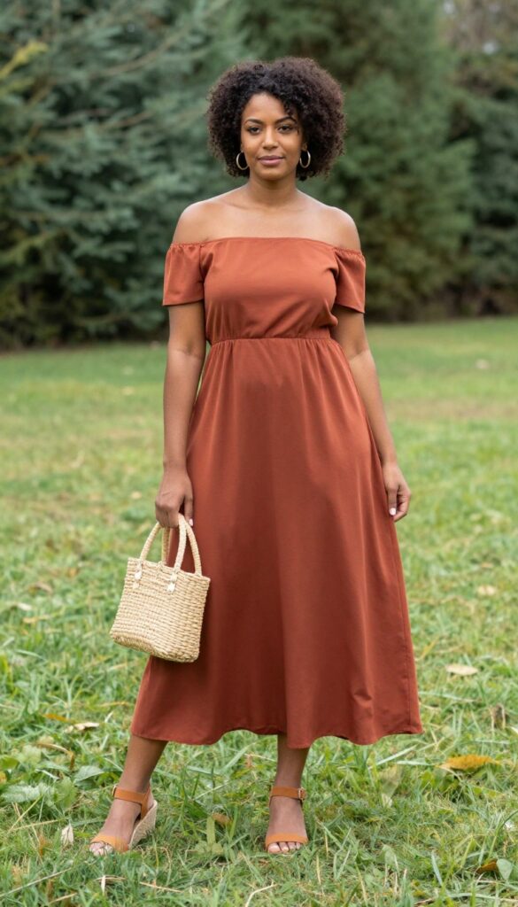 Black woman in terracotta off-shoulder maxi dress with wedges at outdoor wedding