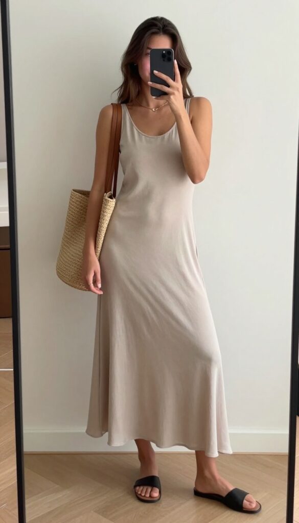 Woman in a flowy maxi dress with flat slides, holding a tote bag, taking a mirror selfie, casual summer outfit.