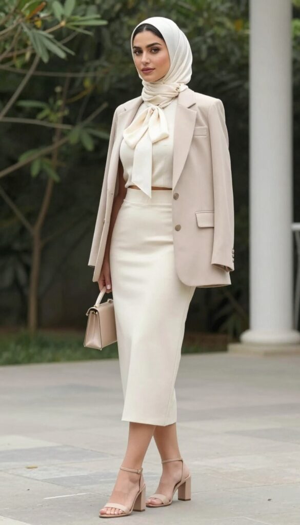 Hijabi woman in cream two-piece set with bow top and beige blazer at garden wedding