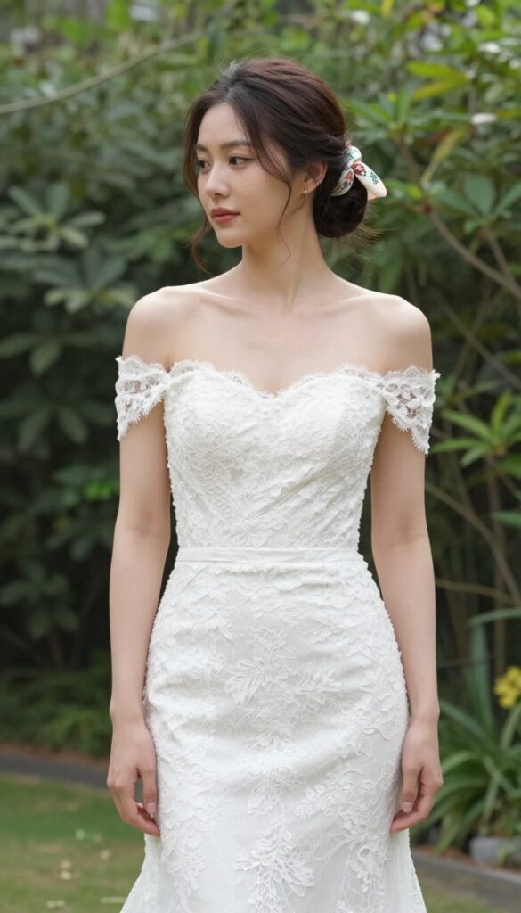 A young woman in an off-the-shoulder white lace wedding dress with a floral silk scarf in her low messy bun, standing in a sunlit garden with a natural smile.