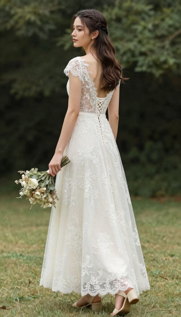 Boho vintage A-line wedding dress with lace-up back and sheer lace sleeves, ivory with floral lace, loose braid, minimal jewelry, natural outdoor setting