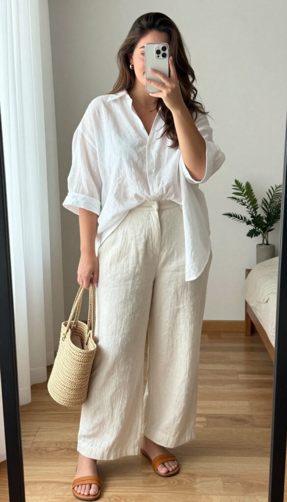 Plus-size woman in loose white blouse and wide-leg cream linen pants, taking a mirror selfie with a phone, showcasing a relaxed boho summer outfit.
