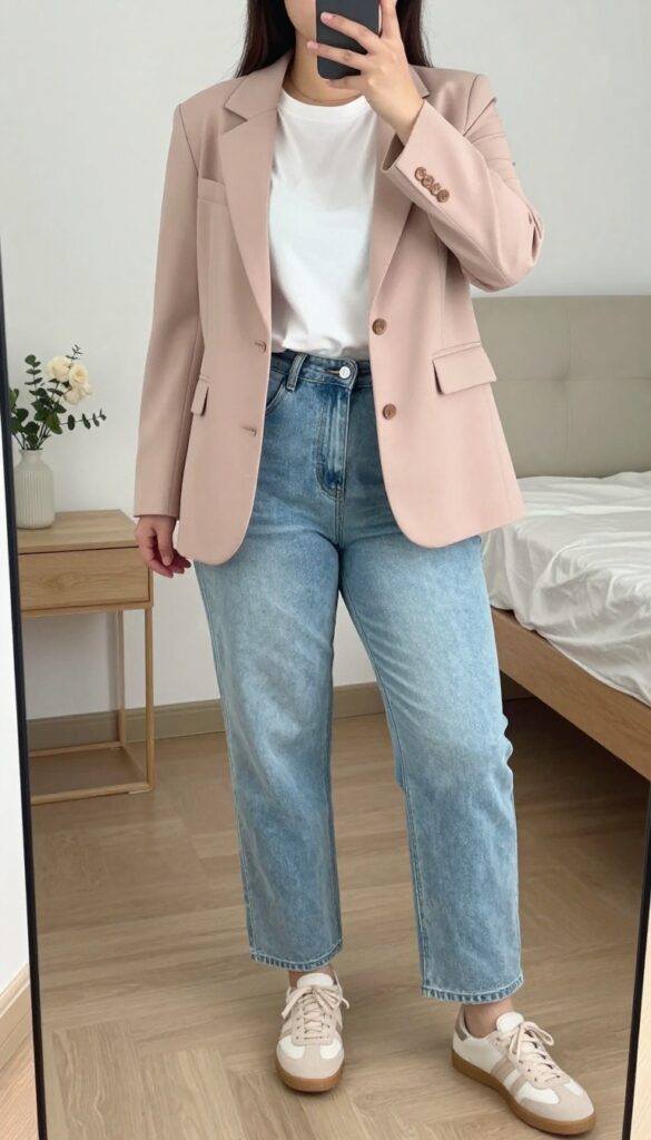 Woman in blush blazer, white tee, and light wash straight-leg jeans, standing in a bright office or café setting.