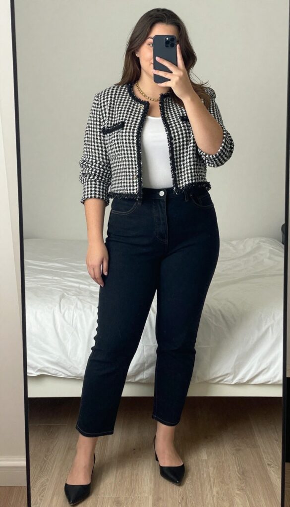 Woman in cropped houndstooth tweed jacket and dark wash jeans, pointed flats, gold chain necklace, taking mirror selfie in bedroom