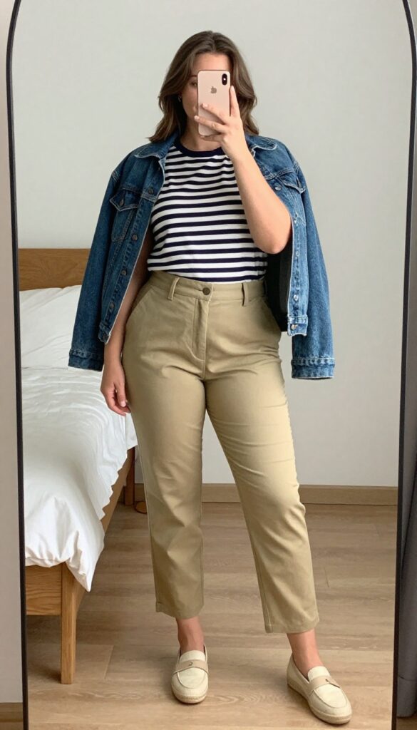 Woman in striped Breton top and tailored chinos with denim jacket over shoulders, standing in a bright office setting.