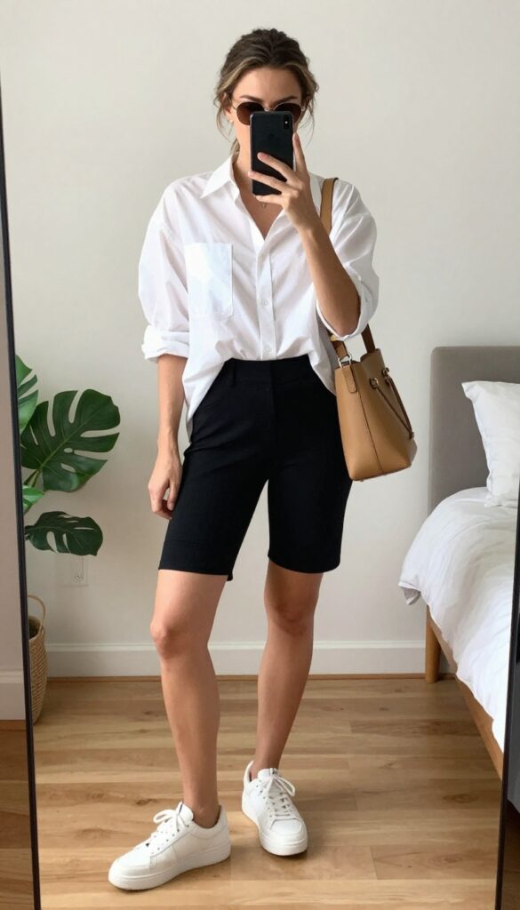 Mom taking a mirror selfie wearing an oversized white shirt with biker shorts, sneakers, and crossbody bag, demonstrating a casual summer outfit.