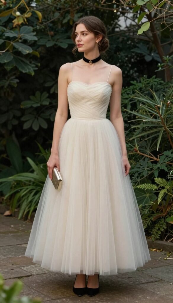 Woman in ivory tulle dress with black velvet choker in garden at dusk