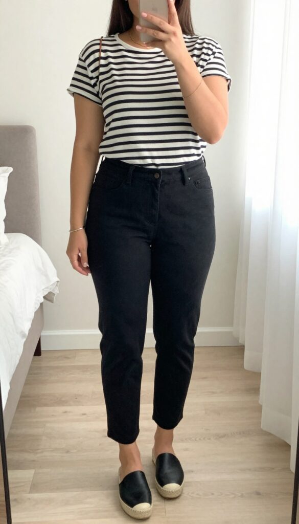 Woman in striped Breton top and black culottes, standing in a mirror selfie, phone partially covering face, bedroom setting.