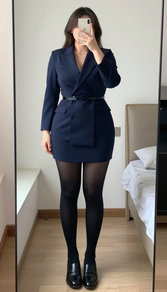 Plus-size woman in double-breasted blazer dress with opaque tights and loafers, standing in office setting