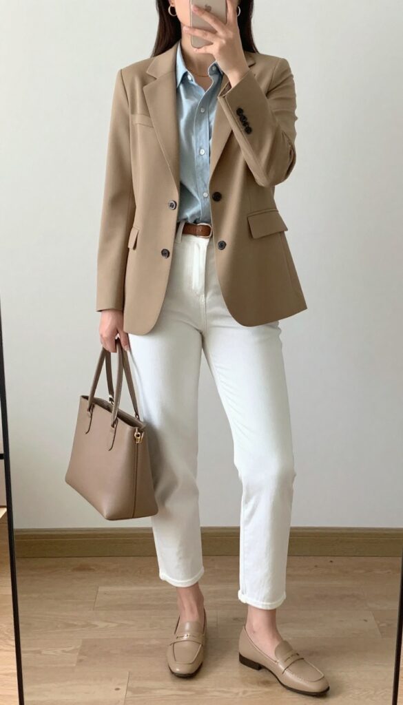 Woman in tan blazer, chambray shirt, and white jeans posing in mirror selfie