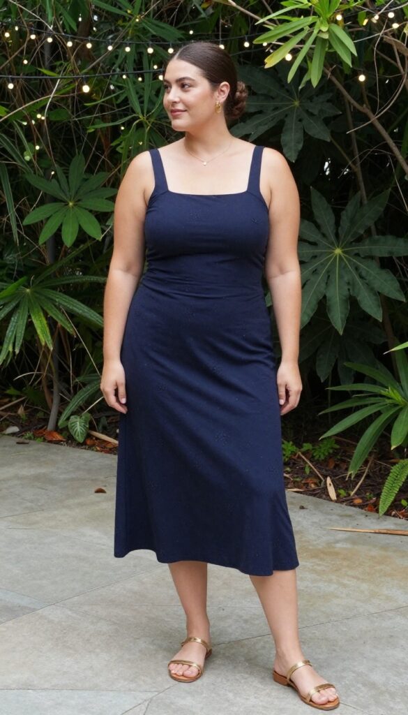 Plus-size woman in navy blue high-low hem floral print dress with gold embellished sandals at garden wedding.