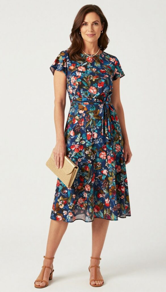 Woman over 50 in a jewel-tone floral fit-and-flare knee-length dress with short sleeves, tan sandals, and woven clutch, standing in a garden.