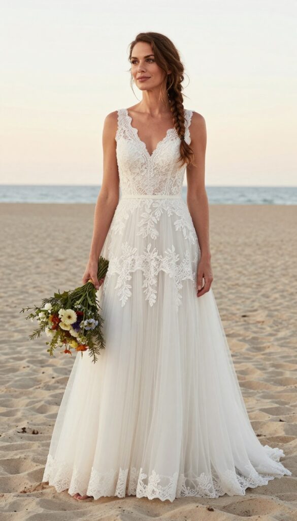 Bohemian ball gown with lace bodice and tulle skirt on beach at sunset