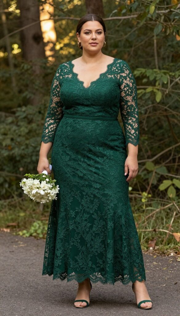 Plus-size bride in deep green lace trumpet dress with illusion neckline, gold hoops, low bun, and white bouquet in forest at golden hour