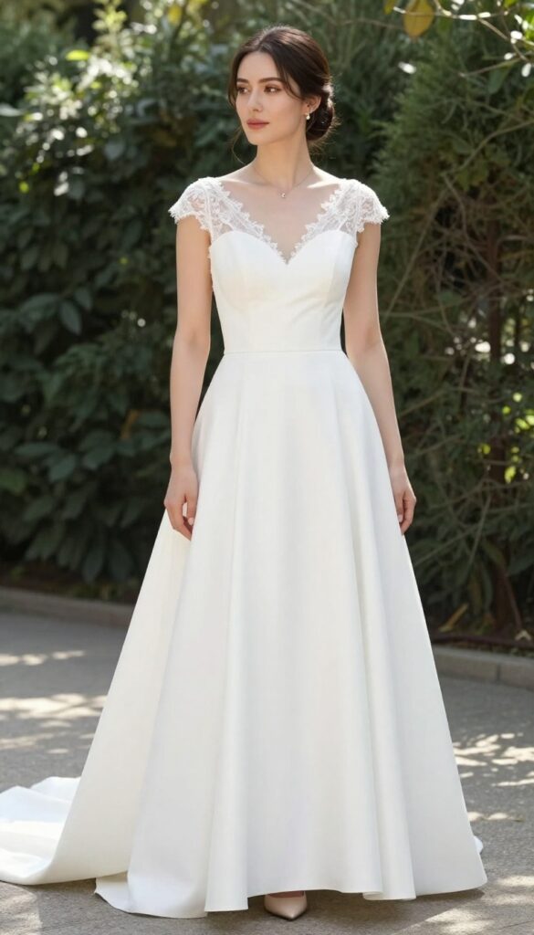 Young adult woman with fair skin and brown hair in a low bun, wearing a white wedding dress with sheer lace sleeves, standing in a sunlit garden with a soft smile.