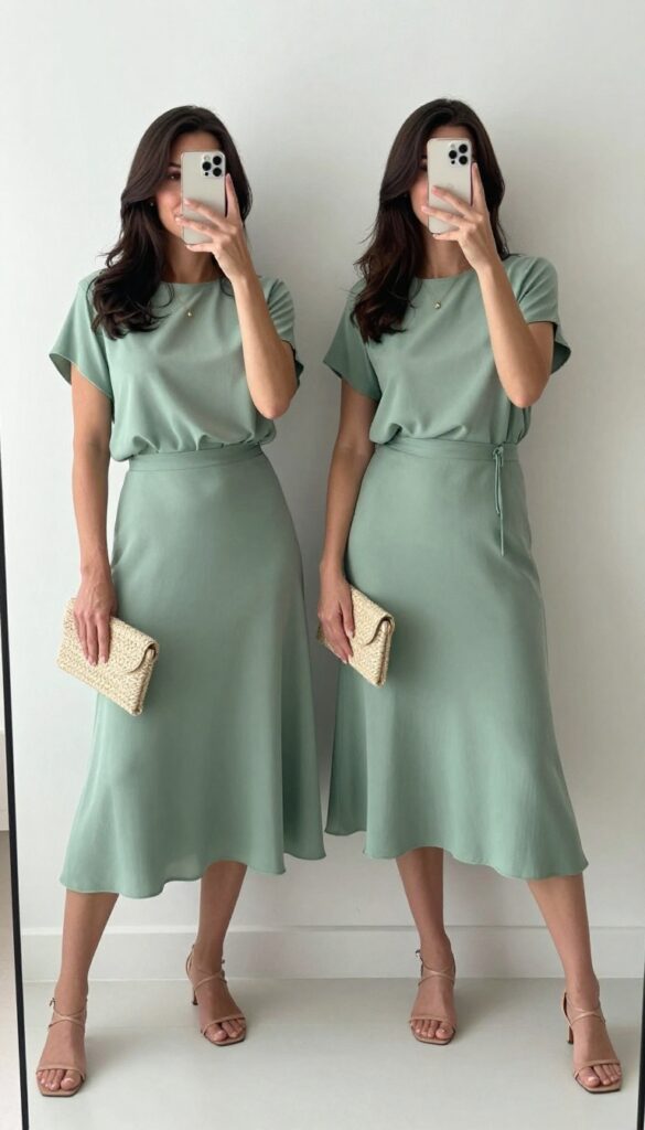 Mother and daughter in matching sage green skirt and top sets, posing for a mirror selfie in a bright room.