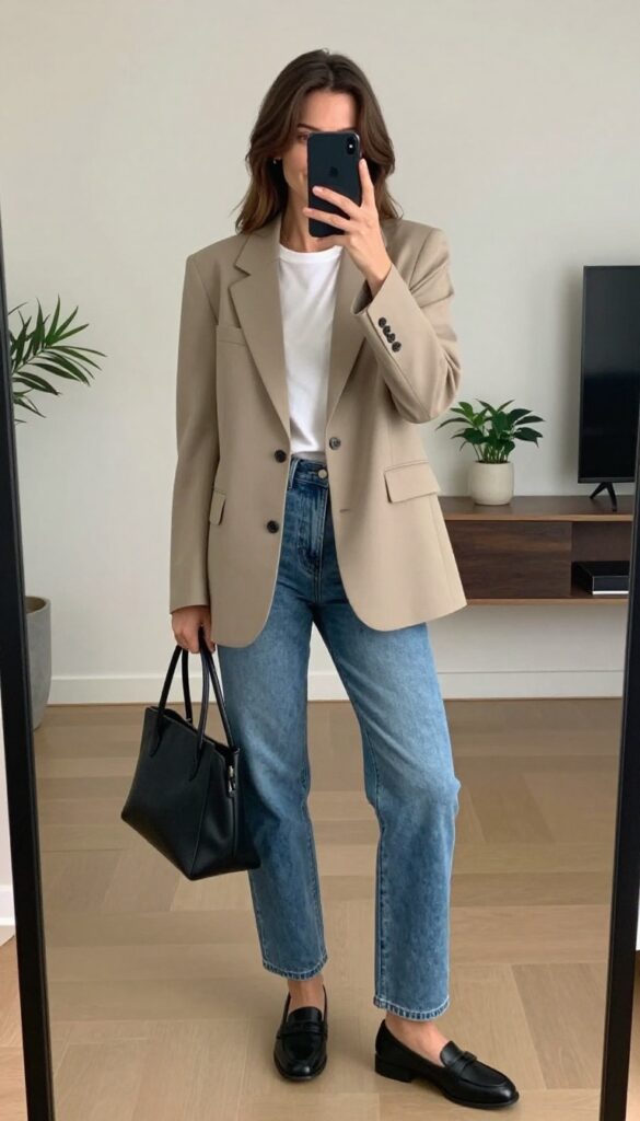 Woman in beige blazer and straight-leg jeans taking a mirror selfie, showcasing a chic mom outfit.