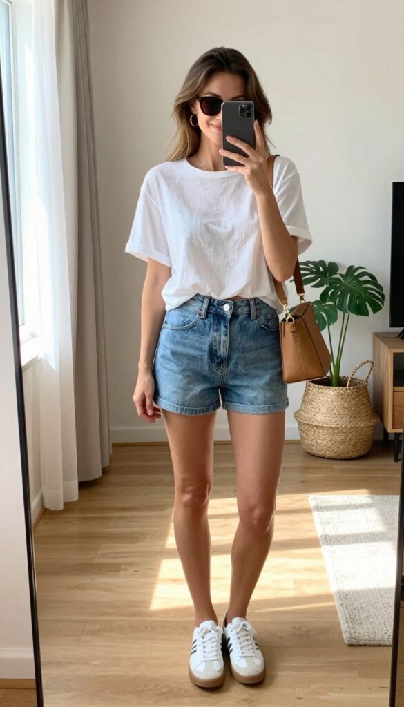 A mom in a white linen tee and denim shorts, taking a mirror selfie with her phone partially covering her face, wearing sneakers and gold hoops in a bright room.