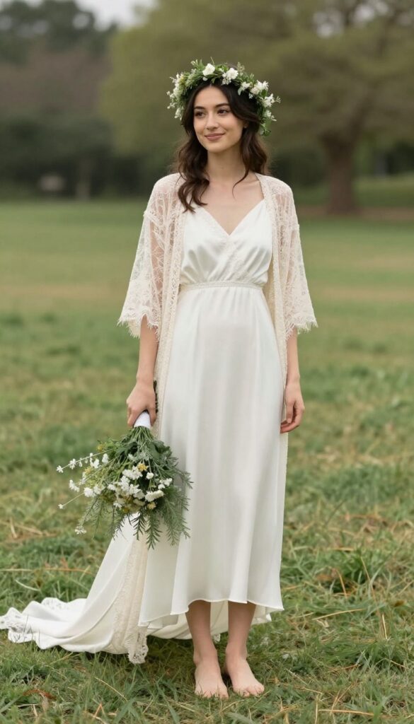 Barefoot boho bride in airy satin wedding dress and lace kimono with flower crown at garden wedding