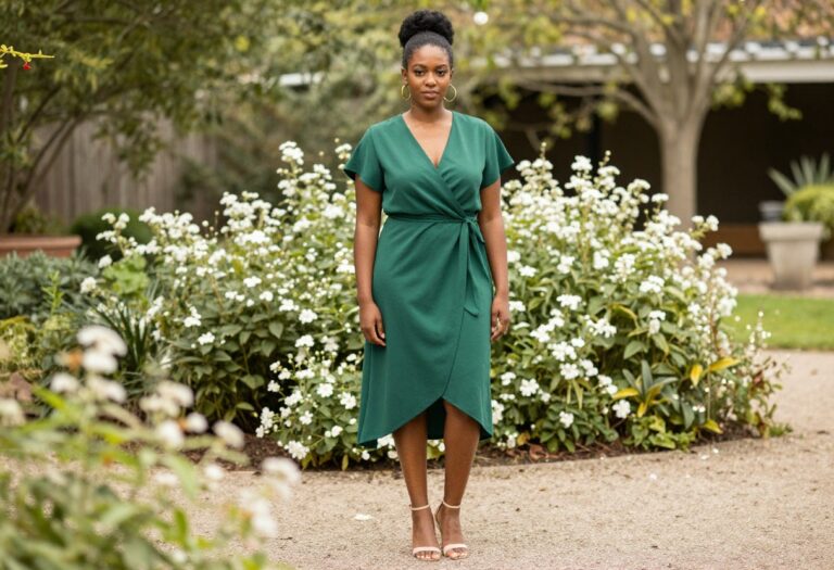 Black woman in emerald green wrap dress with gold accessories at a garden wedding