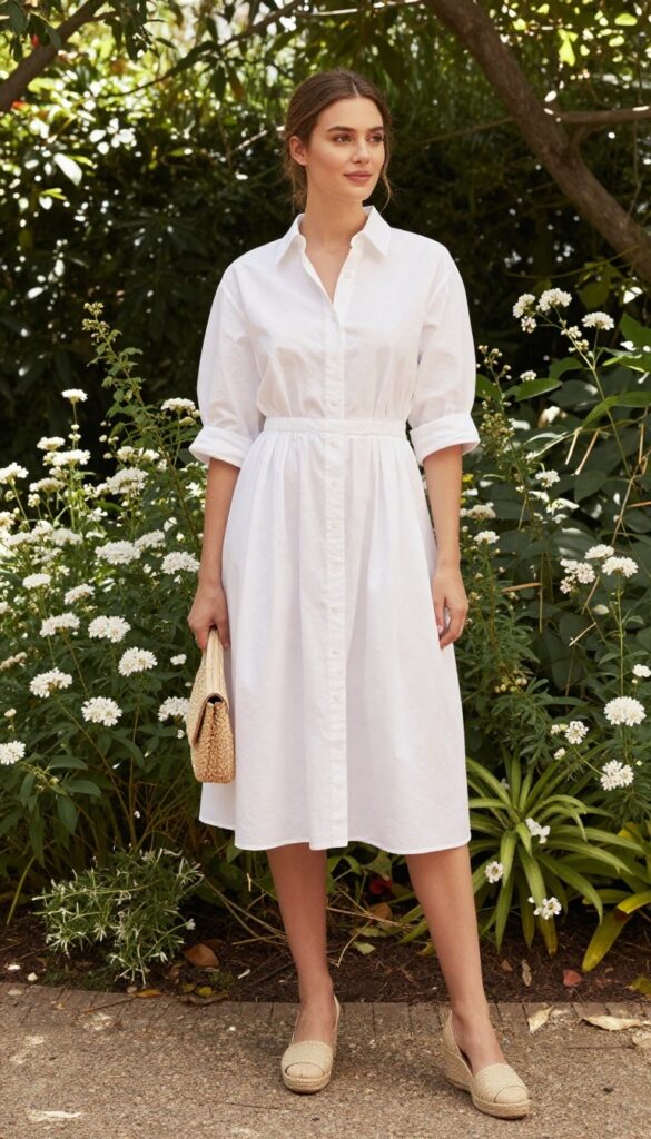 Woman in white midi shirt dress and espadrille wedges in garden
