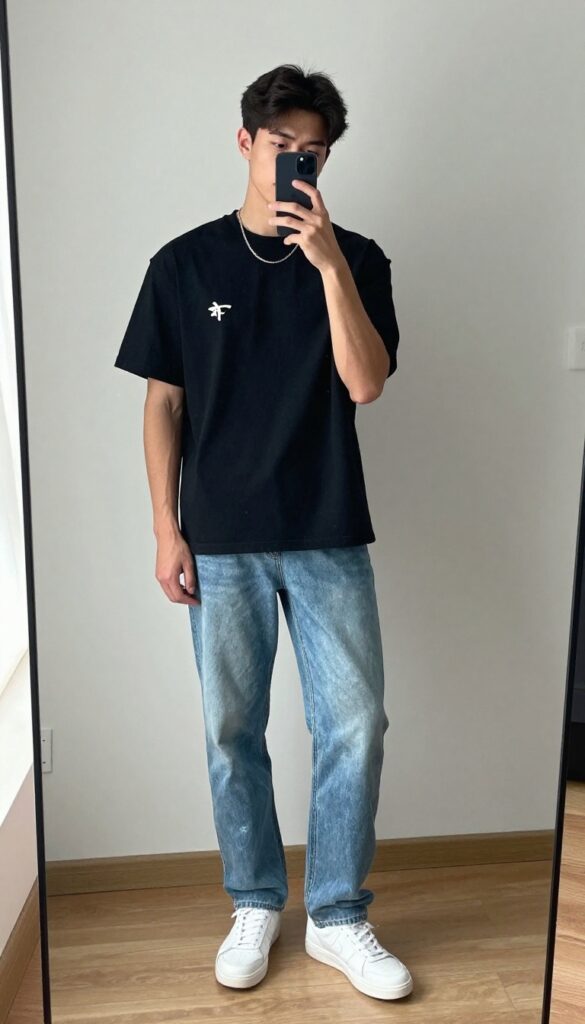 Mirror selfie of a man in an oversized black tee and relaxed light wash jeans, white sneakers, holding his phone in front of his face.