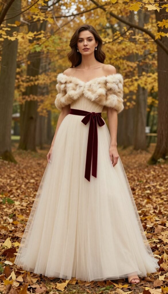 A young woman with warm brown skin and dark curly hair wearing an off-shoulder ivory ballgown with a burgundy velvet ribbon at the waist, standing in a sunlit autumn forest with golden leaves on the ground, looking to the side with a soft smile.