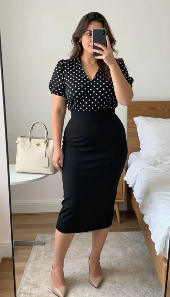 Woman in black pencil skirt and patterned blouse, standing in office setting, holding structured tote bag, wearing pointed flats.