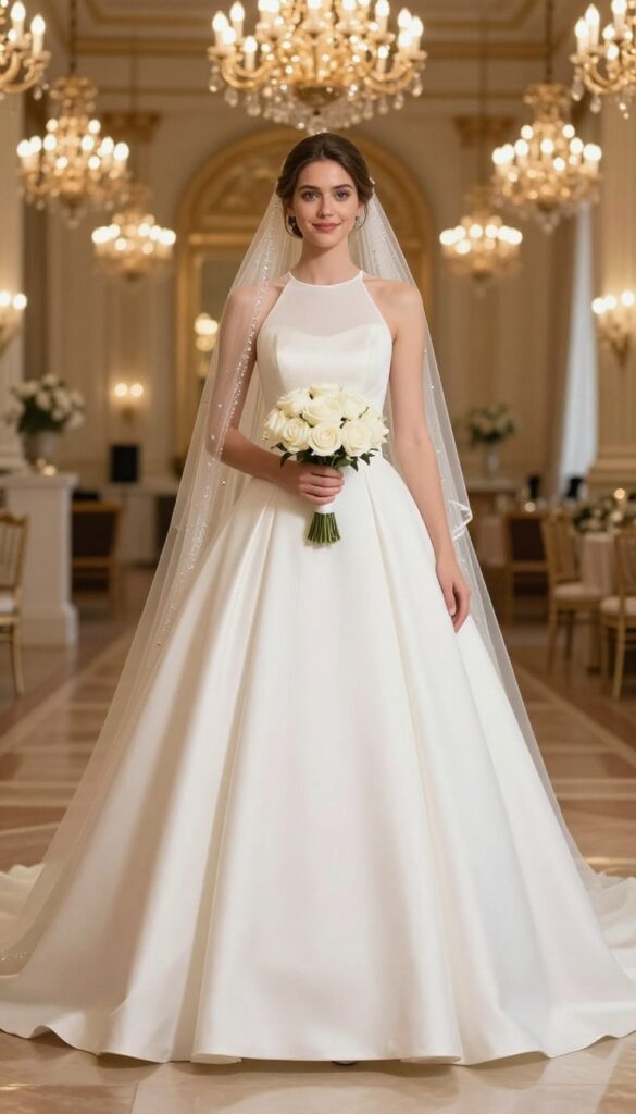 Bride in high neck ball gown with jeweled veil in grand ballroom
