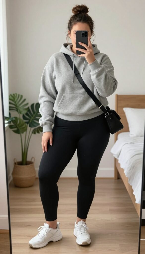Plus-size woman taking a mirror selfie wearing a cropped hoodie, high-waisted leggings, and sneakers, with a crossbody bag and ponytail.