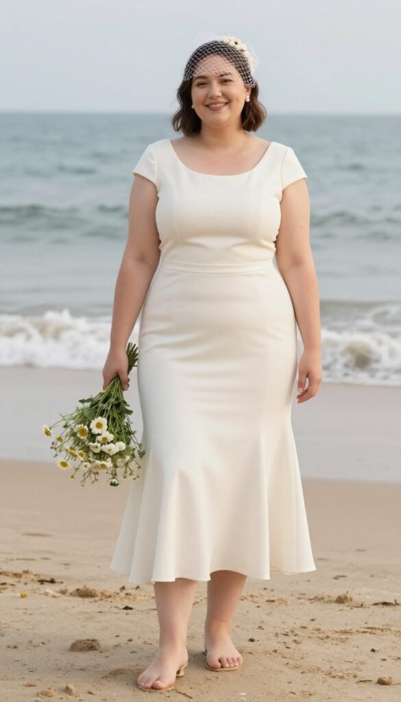 Plus-size bride in tea-length ivory fit-and-flare wedding dress with cap sleeves, barefoot on beach at golden hour holding wildflower bouquet.