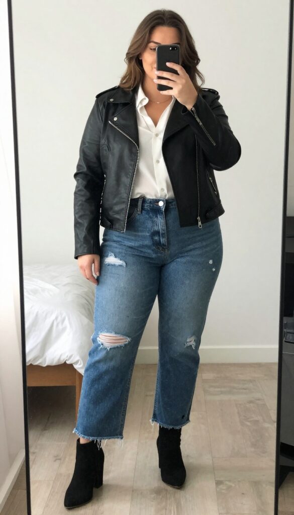 Woman in distressed jeans, black leather jacket, and heeled boots, posing in mirror selfie.