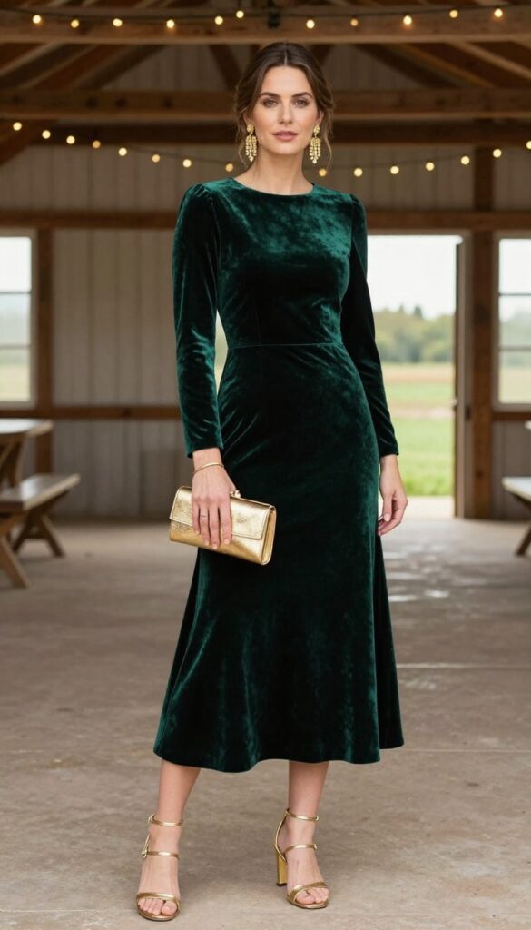 Woman in green velvet empire waist dress with gold accessories standing in a rustic barn