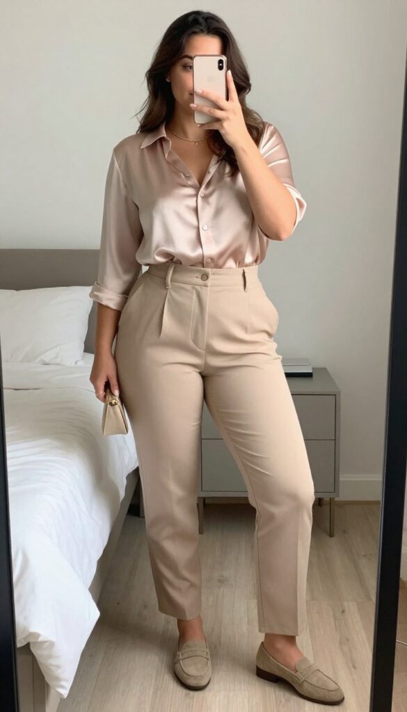 A woman in suede loafers, cigarette pants, and a silk blouse, accessorized with a gold necklace and clutch, looking polished yet relaxed.