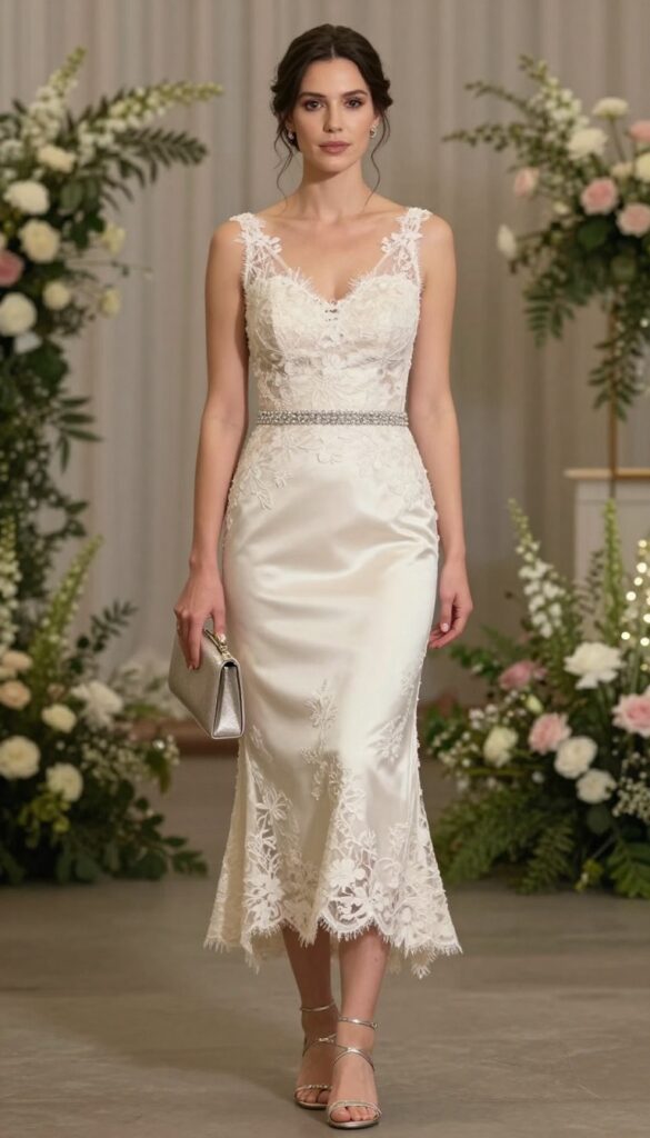 Adult woman in ivory satin mermaid dress with floral lace overlay, crystal belt, strappy silver sandals, low chignon, holding small clutch, at elegant evening wedding venue.