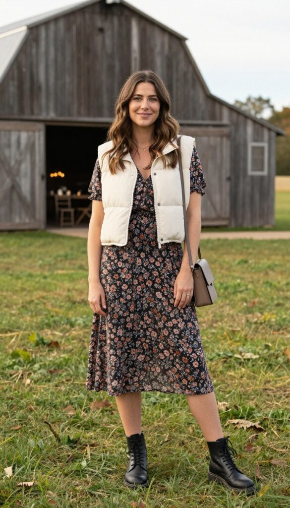Woman in floral dress, cream puffer vest, and combat boots at barn wedding reception