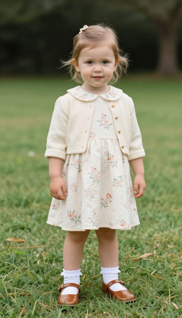 Baby girl wearing pastel floral Peter Pan collar dress with cream cardigan, white socks, and brown buckle shoes at garden wedding