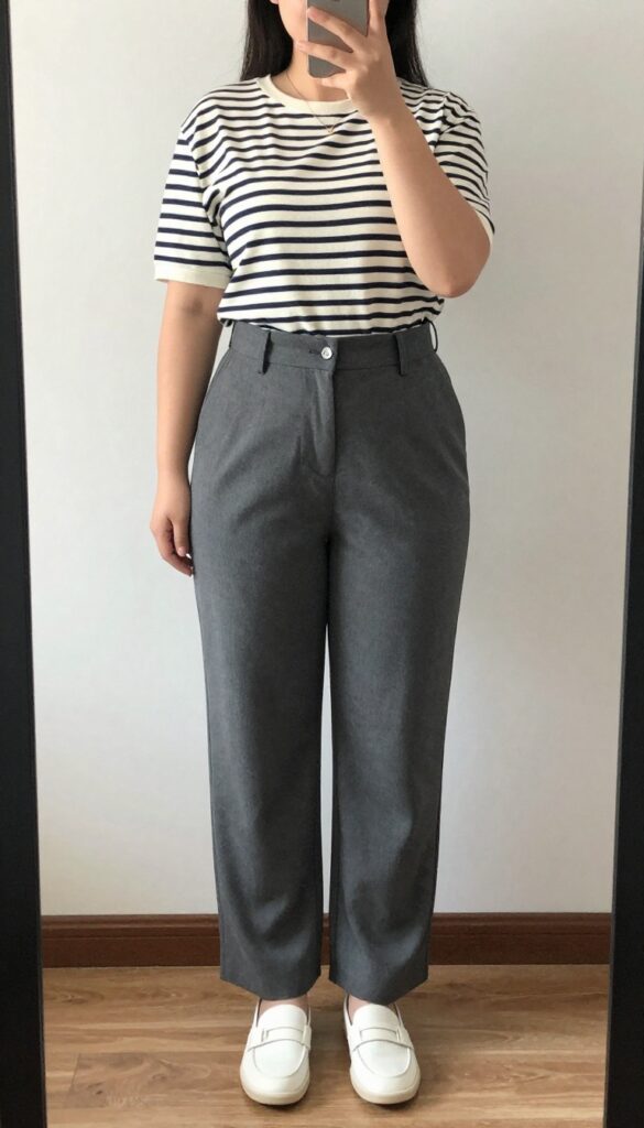 A teenage girl in a striped Breton top and high-waisted trousers, holding a navy soft board, wearing loafers, with a minimal accessory look.