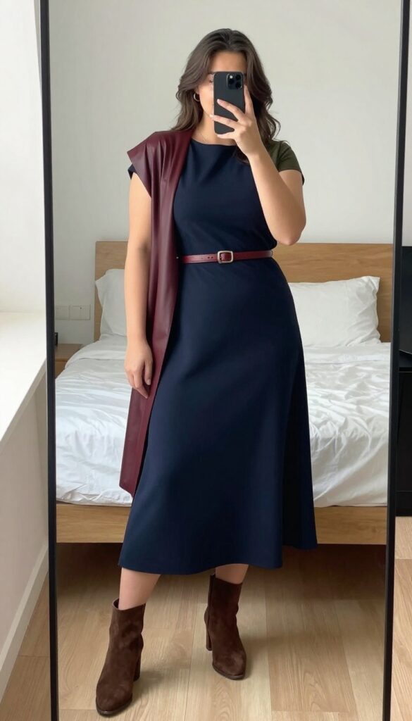 A-line dress with belt and ankle boots for business casual outfit